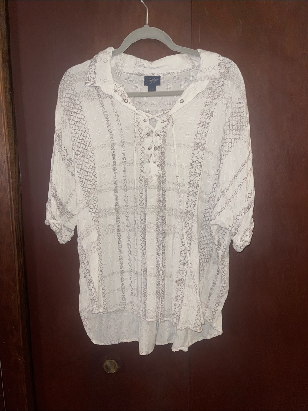 Daytrip Cream Lace-Up Crochet Accent Tunic